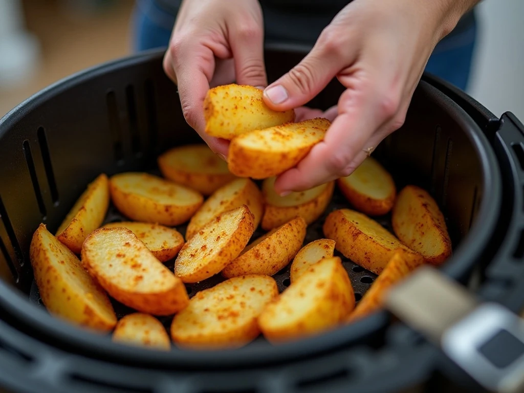 Seasoned potato wedges arranged in an air fryer basket