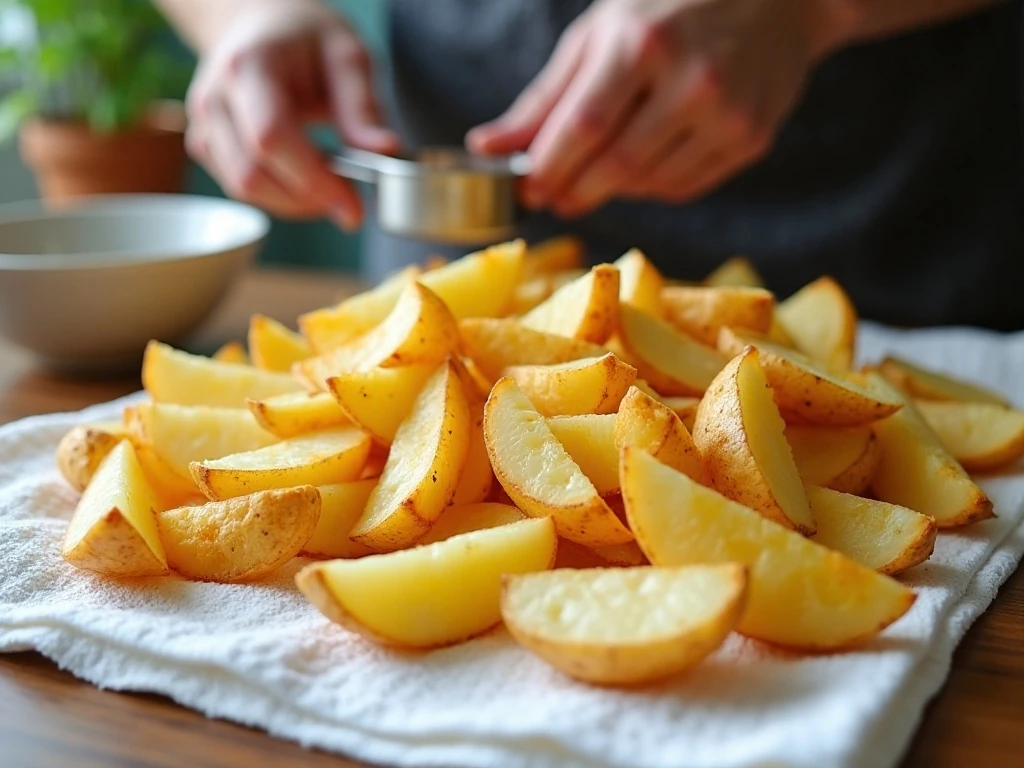 Potato wedges drying before air frying for a crisp texture