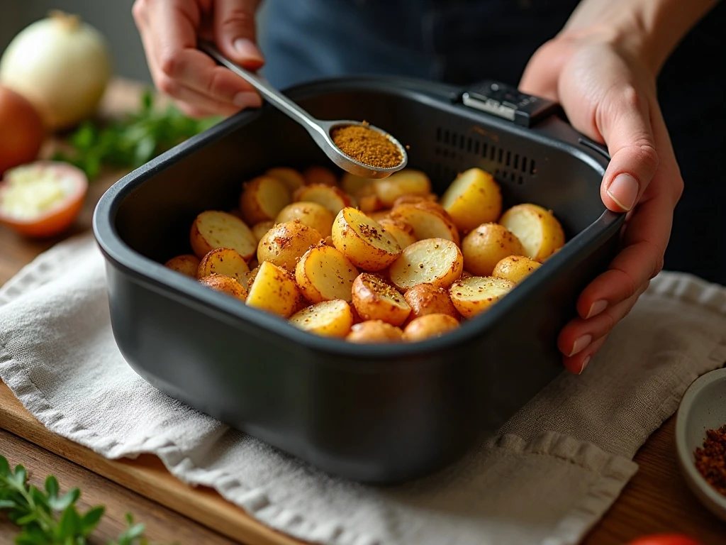 Potatoes arranged in a single layer in an air fryer basket