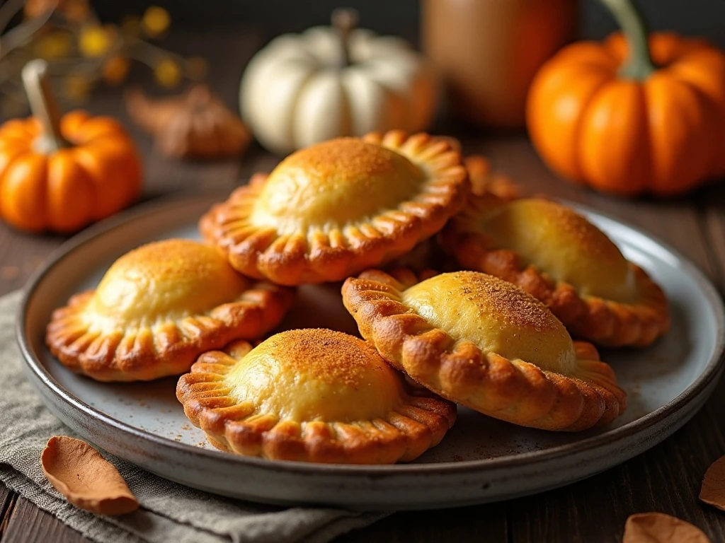 Golden air fryer pumpkin hand pies arranged on a serving platter