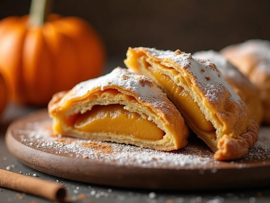 Close-up of glazed pumpkin hand pie with flaky crust