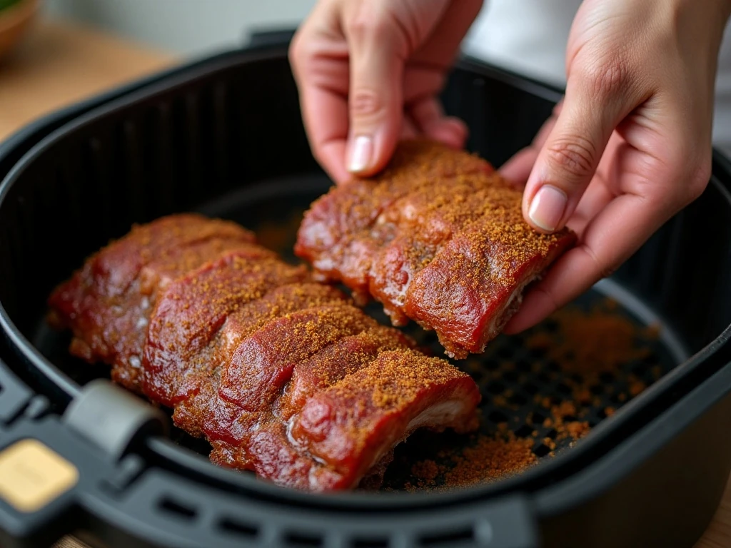 Seasoned ribs arranged in an air fryer basket