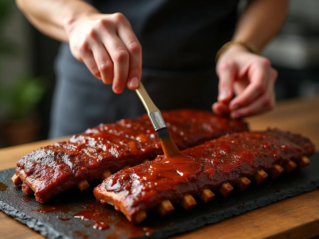 BBQ sauce brushed onto browned air fryer ribs