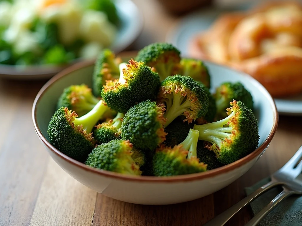 Crispy air fryer roasted broccoli served as a quick vegetable side dish