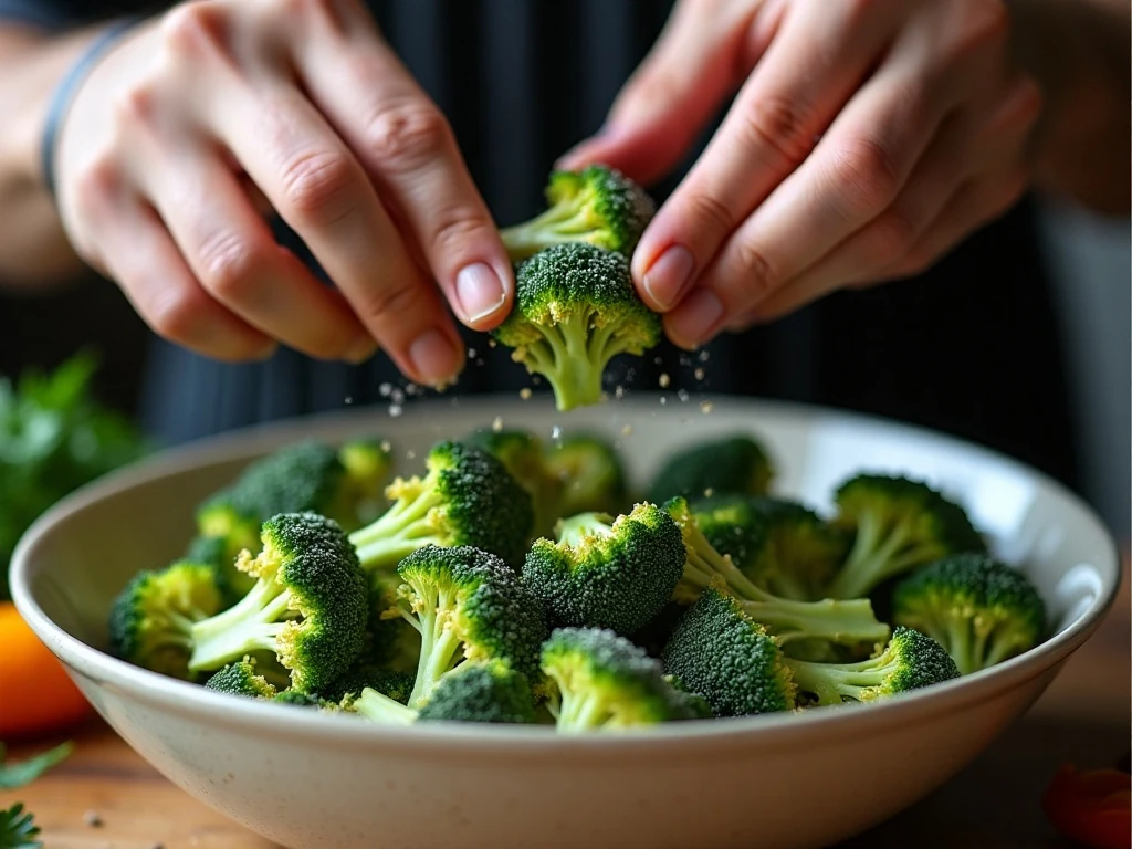 Seasoning broccoli before cooking it in the air fryer