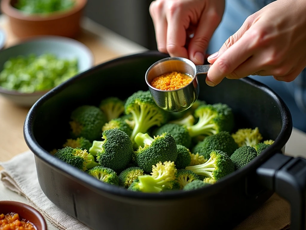 Broccoli arranged in a single layer in an air fryer basket