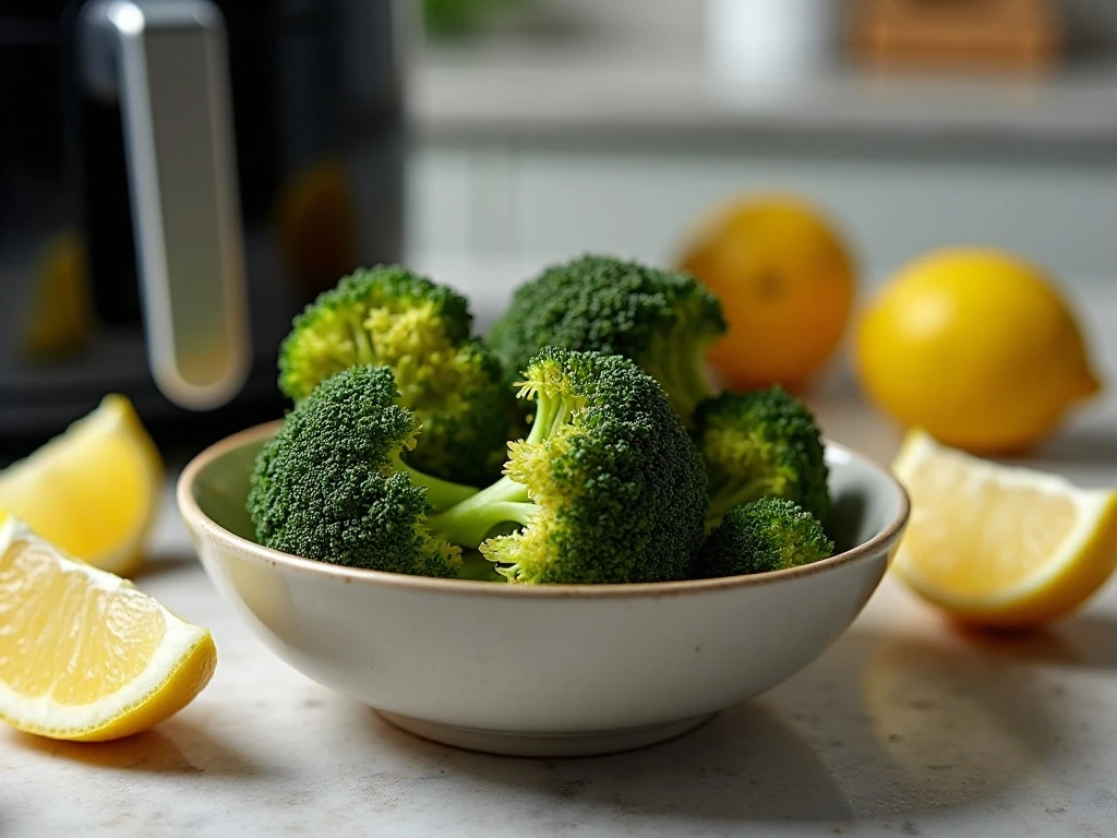 Reheated air fryer roasted broccoli ready to serve
