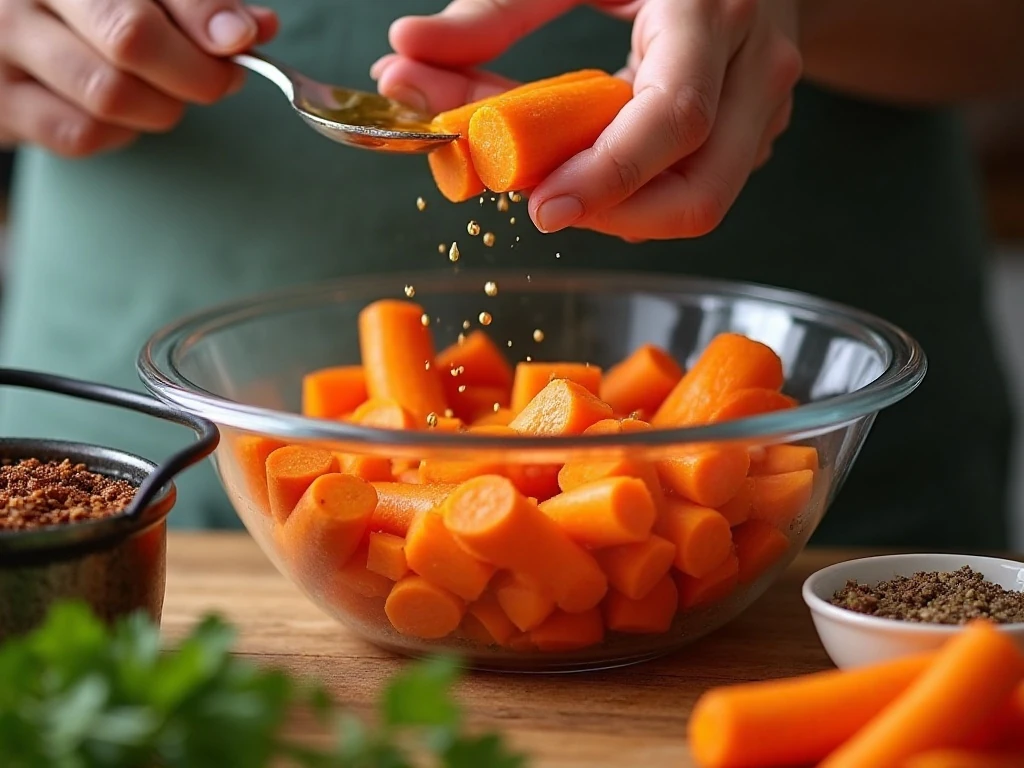 Carrots being seasoned before air frying