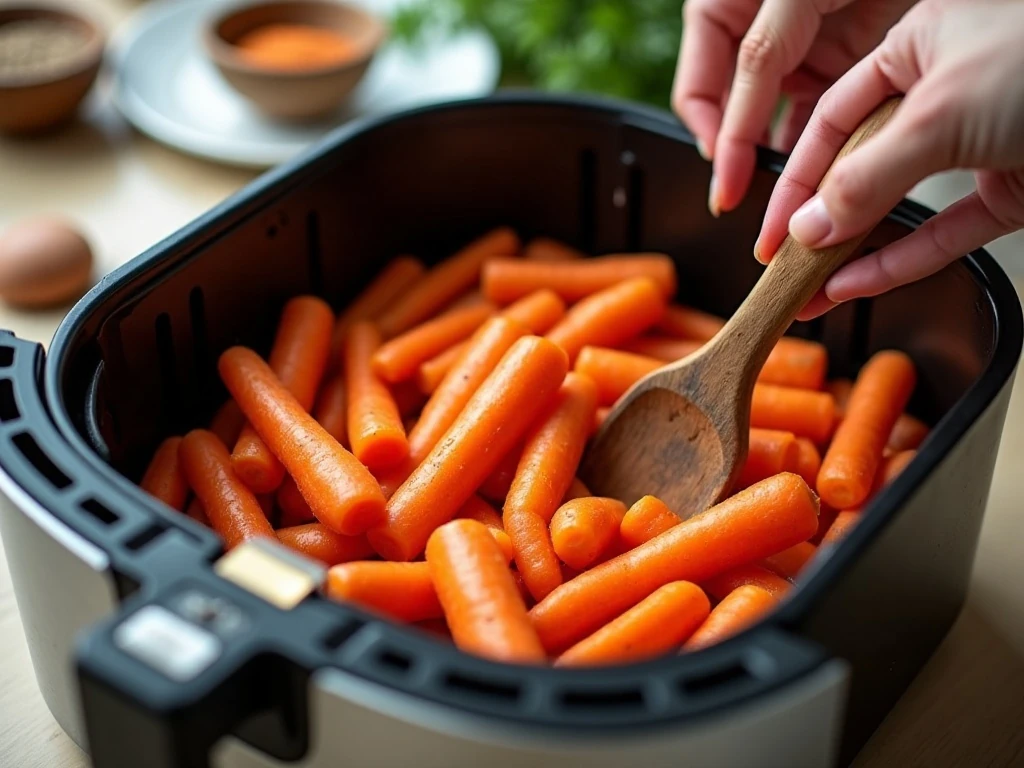 Carrots arranged in a single layer in an air fryer basket