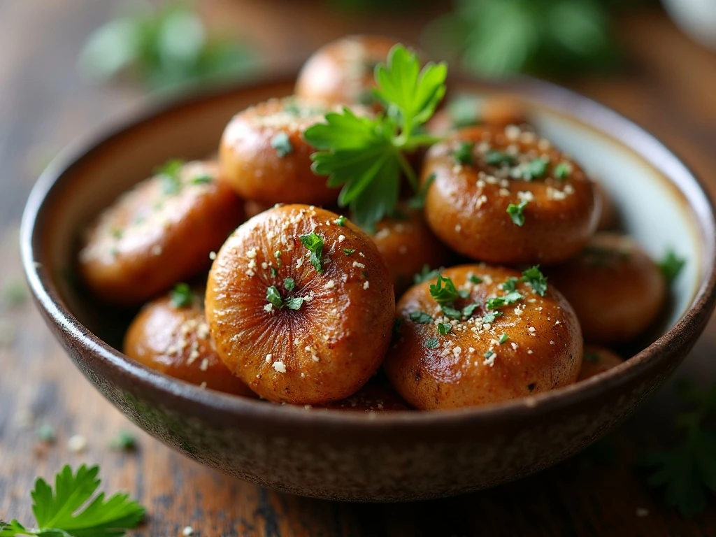 Tender air fryer roasted mushrooms served with parsley and Parmesan