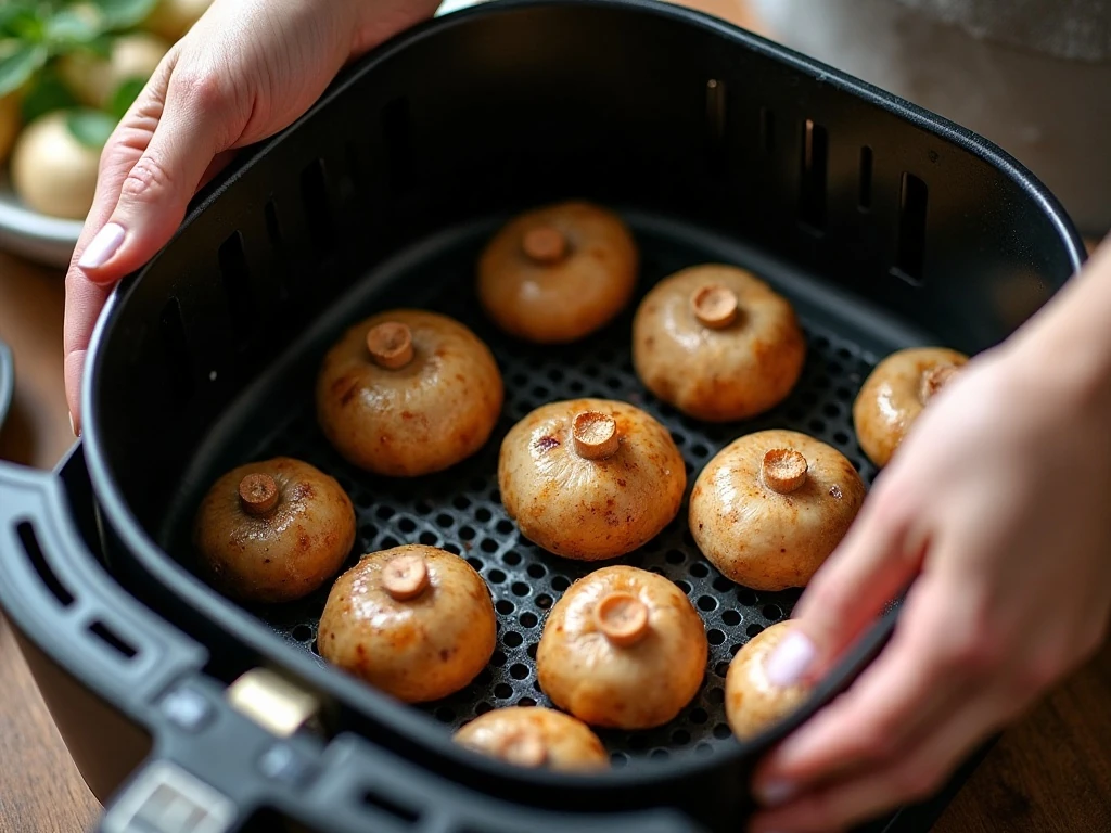 Mushrooms arranged in a single layer in an air fryer basket