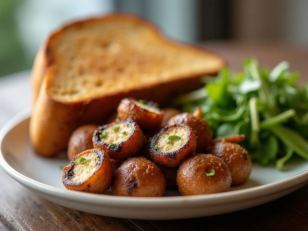 Reheated air fryer roasted mushrooms served with toast and salad