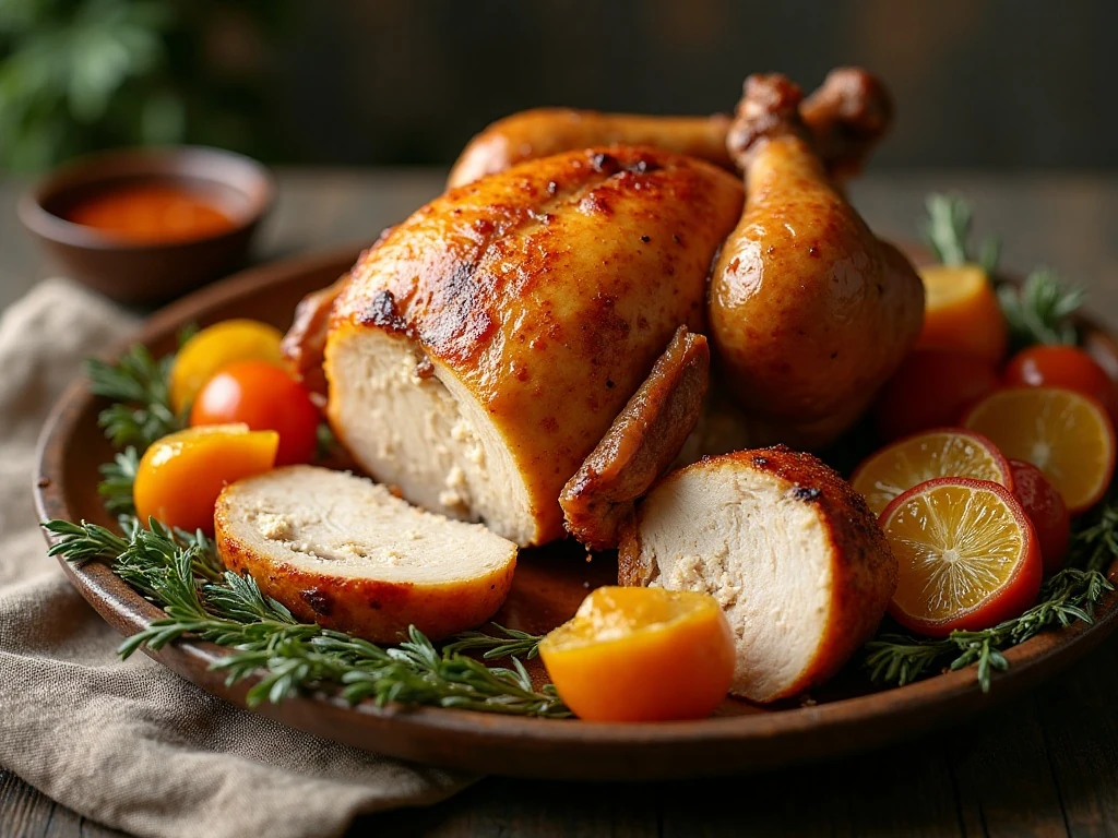 Juicy and crispy whole air fryer rotisserie chicken served on a platter