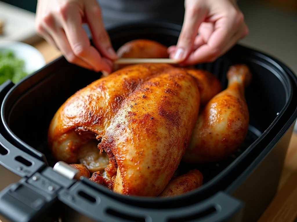 Preparing a seasoned whole chicken for the air fryer