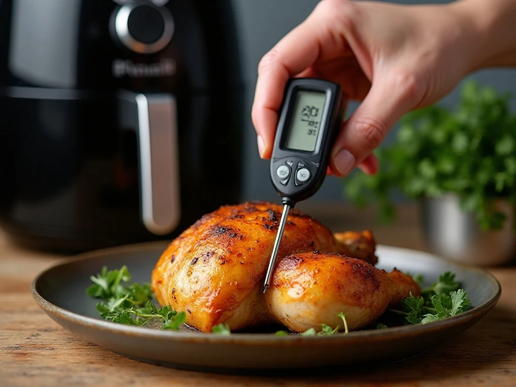 Checking air fryer chicken temperature with an instant-read thermometer