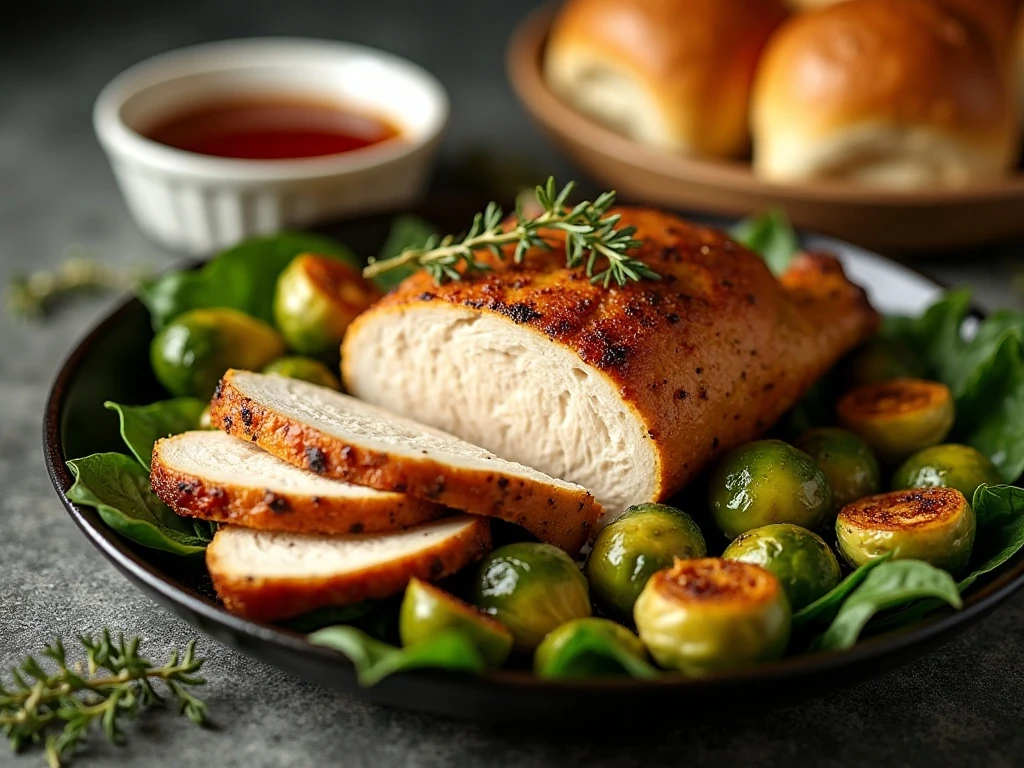 Air fryer chicken served with Brussels sprouts and warm rolls