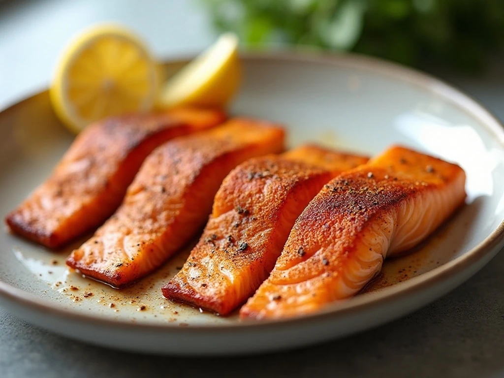 Four crispy air fryer salmon fillets served with lemon wedges