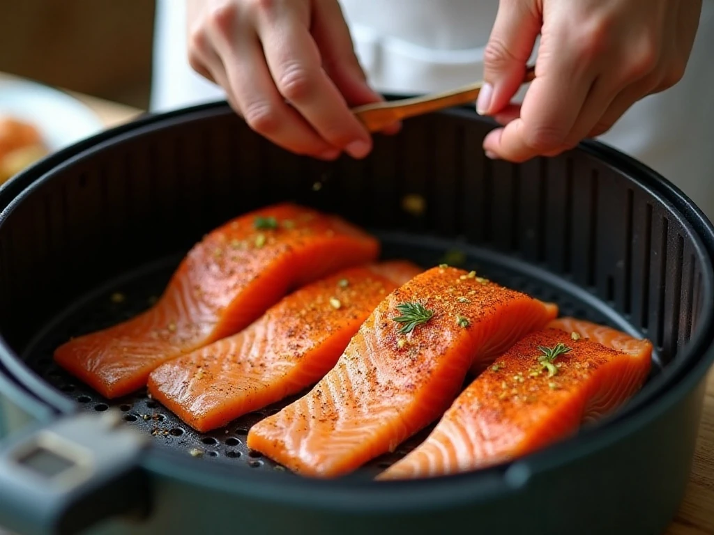 Seasoned salmon arranged skin-side down in an air fryer basket