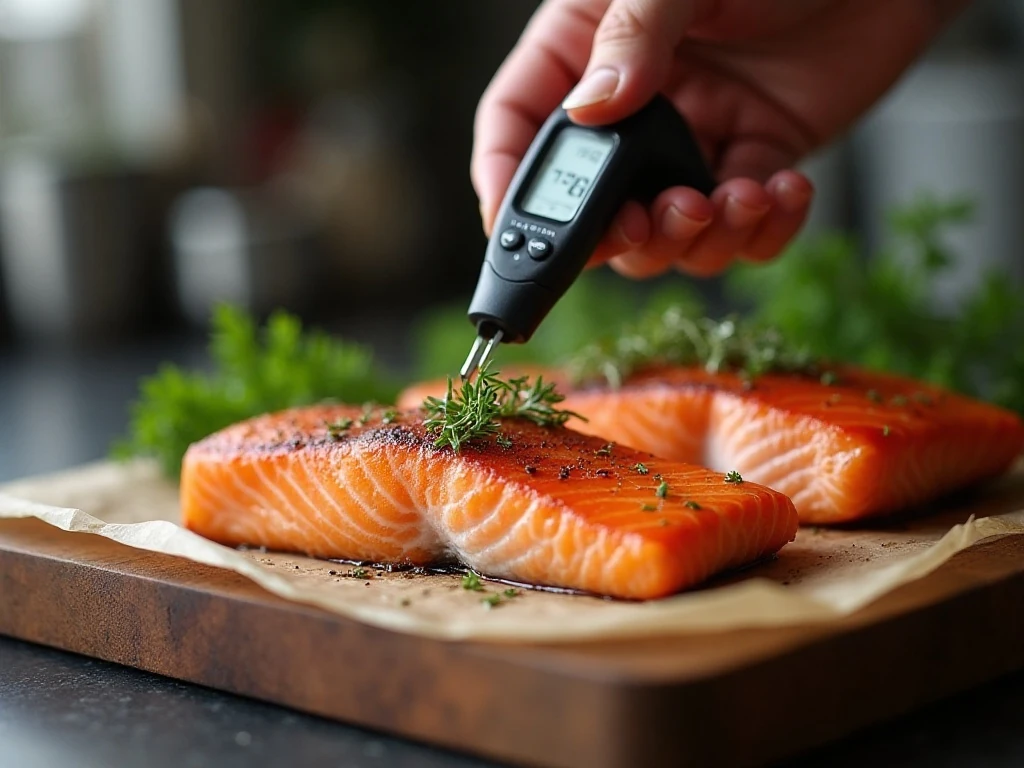 Checking the thickest part of air fryer salmon with a thermometer