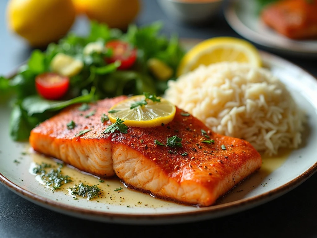 Air fryer salmon served with rice, vegetables, salad, and lemon