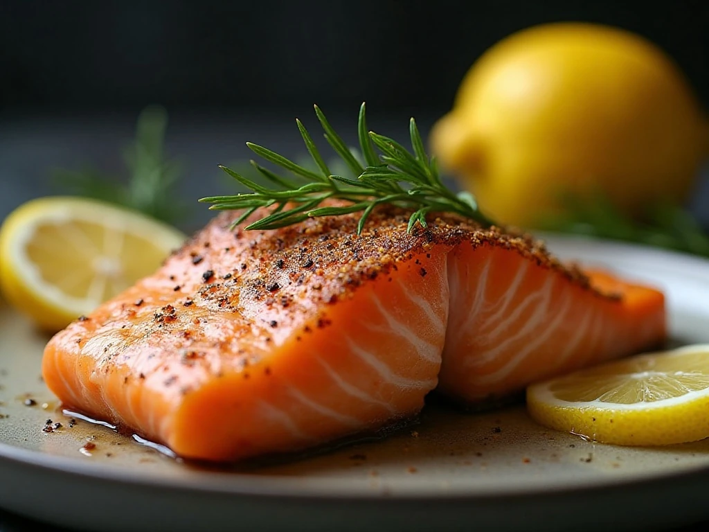 Close-up of juicy seasoned air fryer salmon with lemon