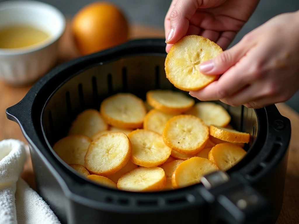 Thin potato slices arranged in an air fryer basket