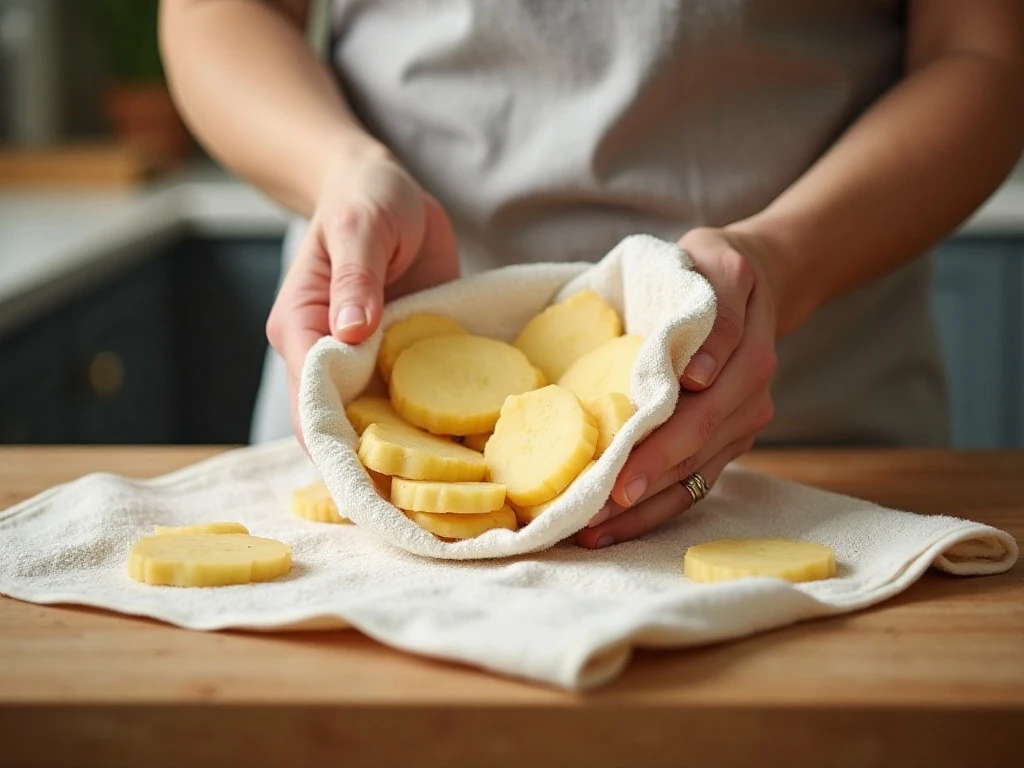 Potato slices being dried before air frying for crisp chips