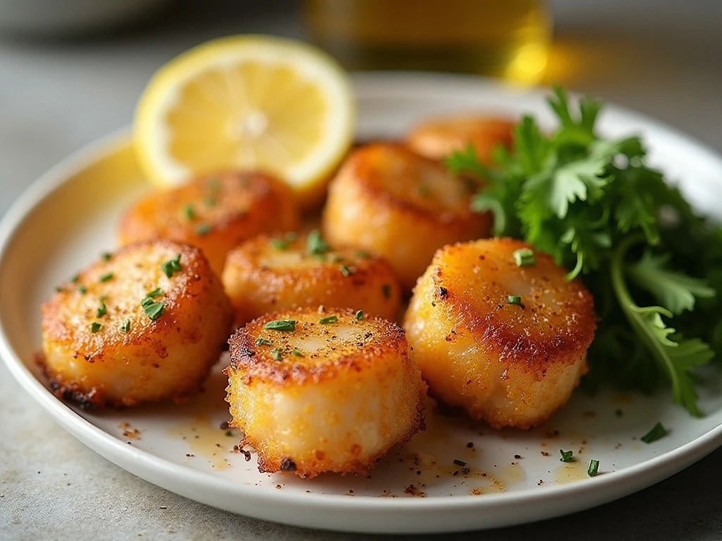 Tender golden air fryer scallops served with lemon wedges