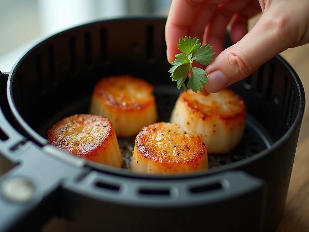 Seasoned scallops arranged in a single layer in an air fryer basket