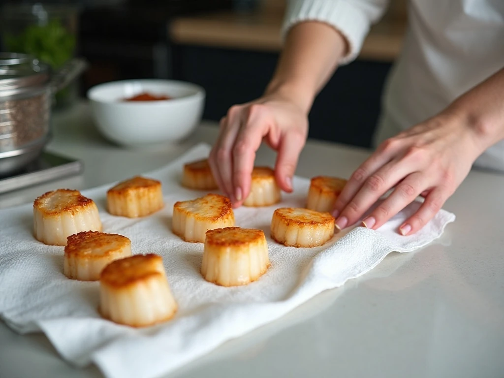 Patting scallops dry before air frying for better browning