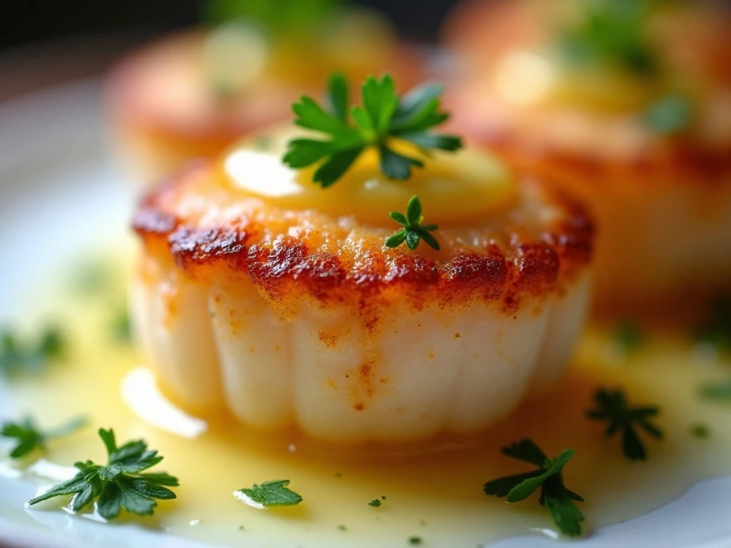 Air fryer scallop finished with butter, parsley, and lemon