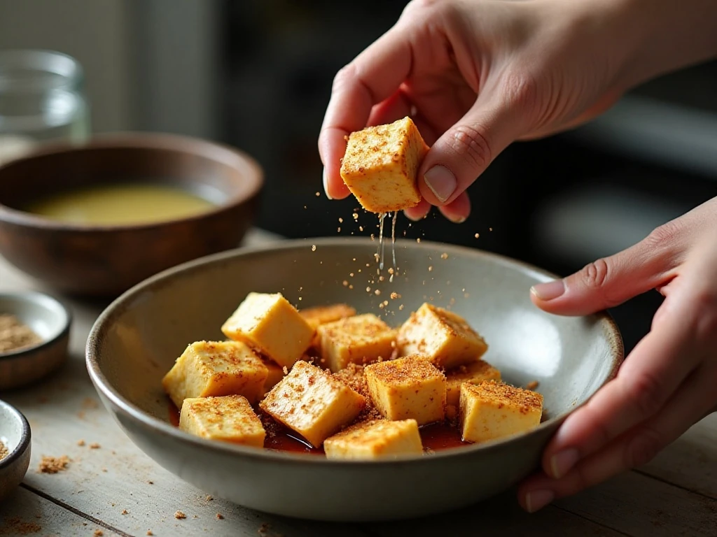 Tofu cubes being coated before air frying