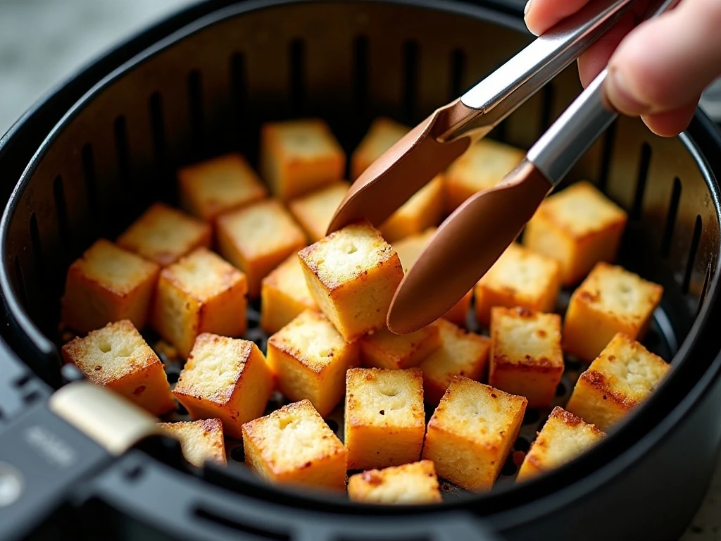 Single layer of tofu cubes in an air fryer basket