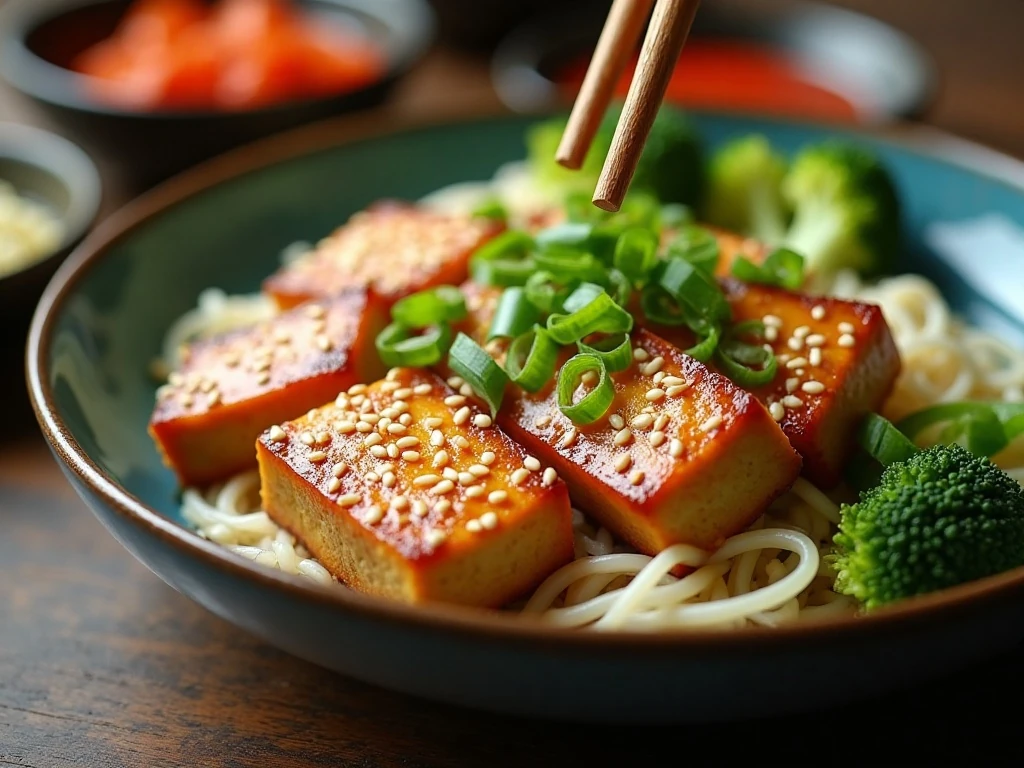 Sesame tofu garnished with green onions and sesame seeds