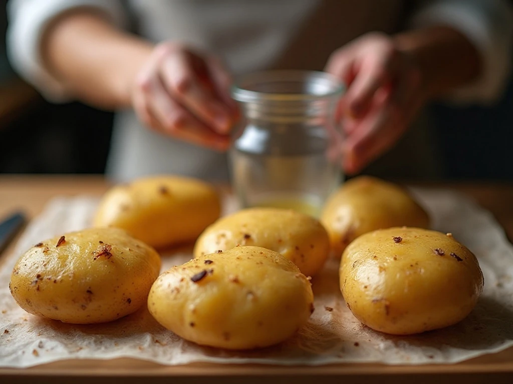 Warm baby potatoes being gently smashed before air-frying