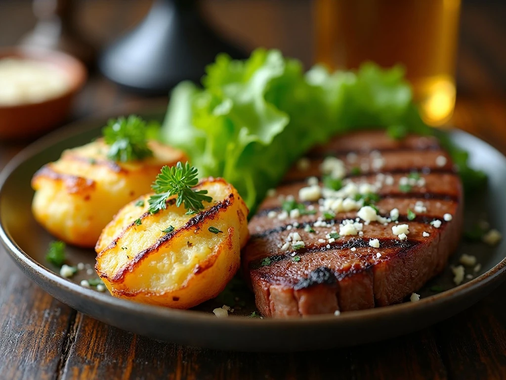 Crispy smashed potatoes served with steak bites and salad