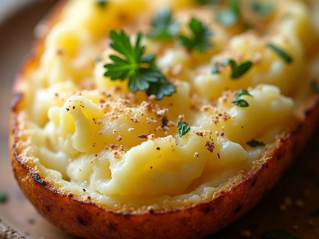 Close-up of a crisp reheated smashed potato with parsley and Parmesan