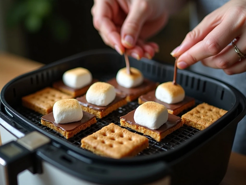 S’mores assembled in an air fryer basket before cooking