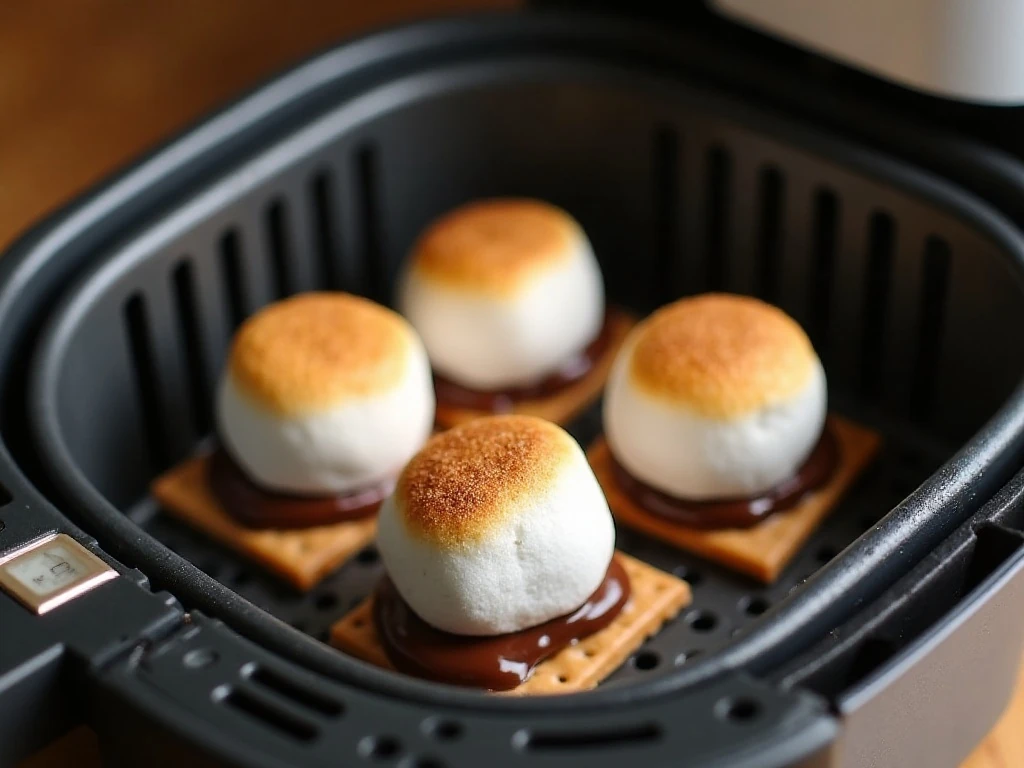 Lightly browned marshmallows and softened chocolate in air fryer s’mores