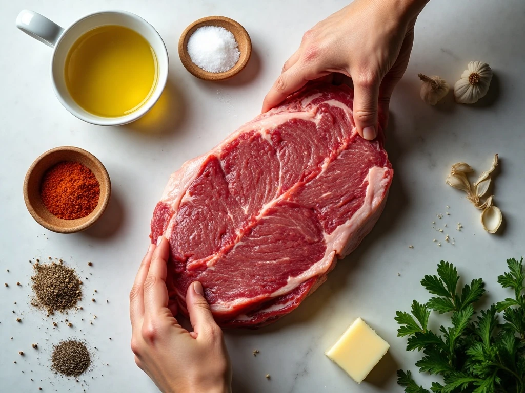 Ingredients for easy air fryer steak bites arranged on a counter