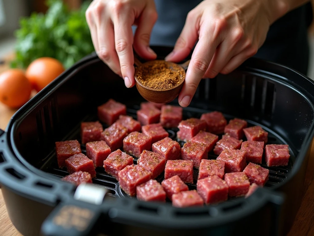 Seasoned sirloin steak cubes arranged in an air fryer basket
