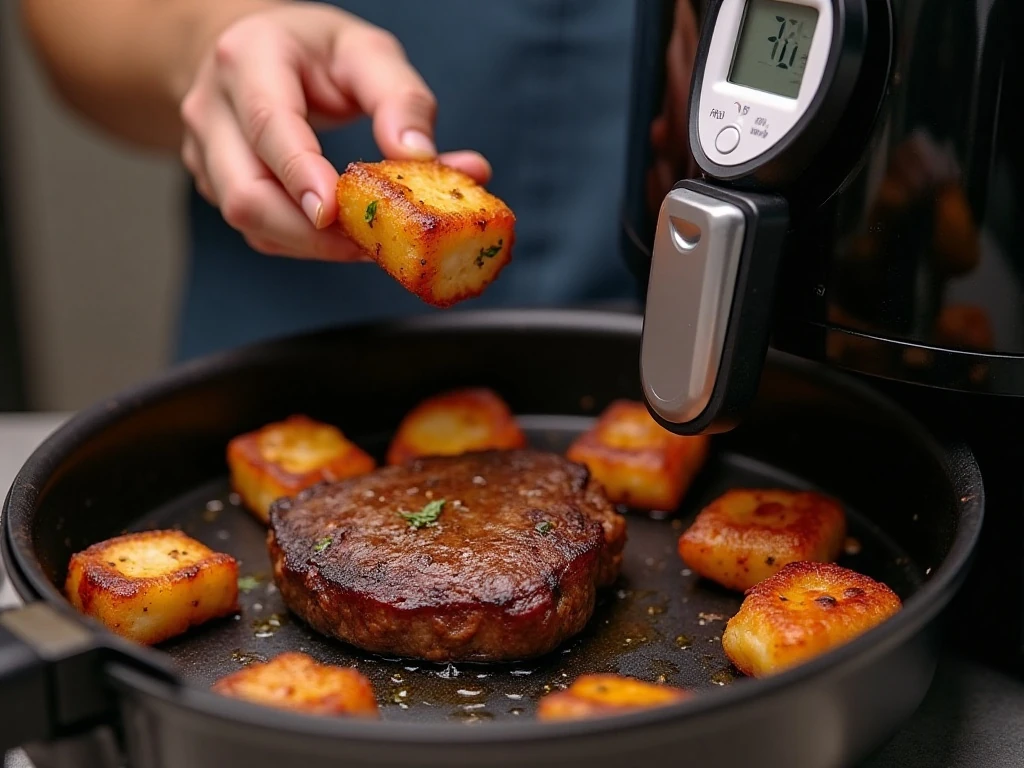 Checking the temperature of air fryer steak bites with a thermometer