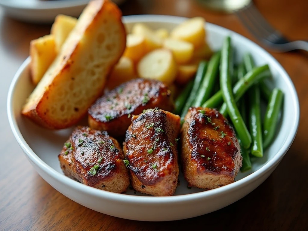 Air fryer steak bites served with potatoes vegetables and bread
