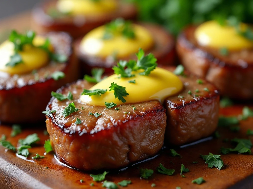 Close-up of garlic butter steak bites garnished with fresh parsley