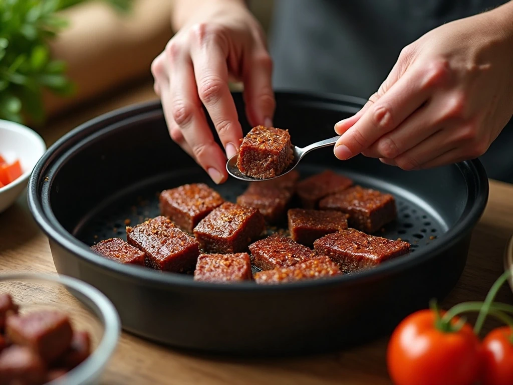 Seasoned steak cubes arranged in an air fryer basket