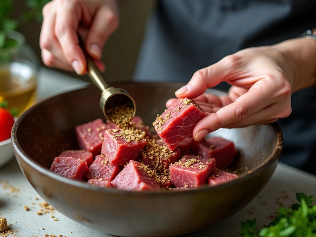 Dry steak cubes being seasoned before air frying