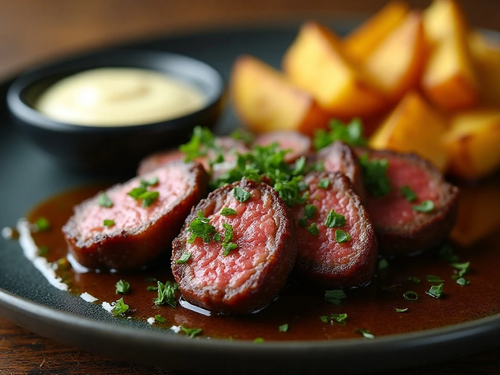 Buttery steak bites with parsley, potatoes, and horseradish sauce