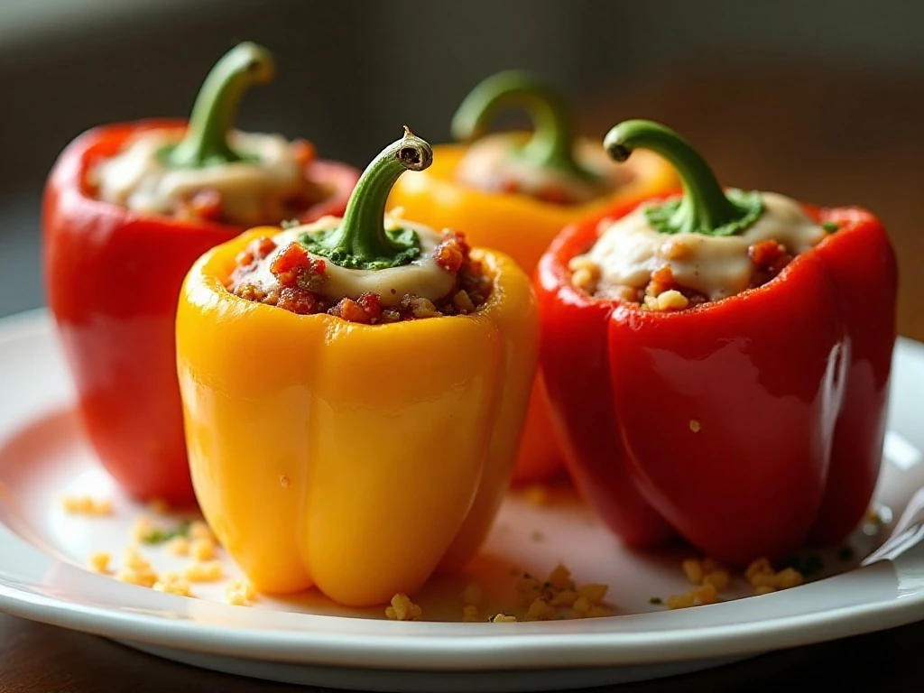 Air fryer stuffed peppers filled with seasoned meat, rice, tomato sauce, and melted cheese
