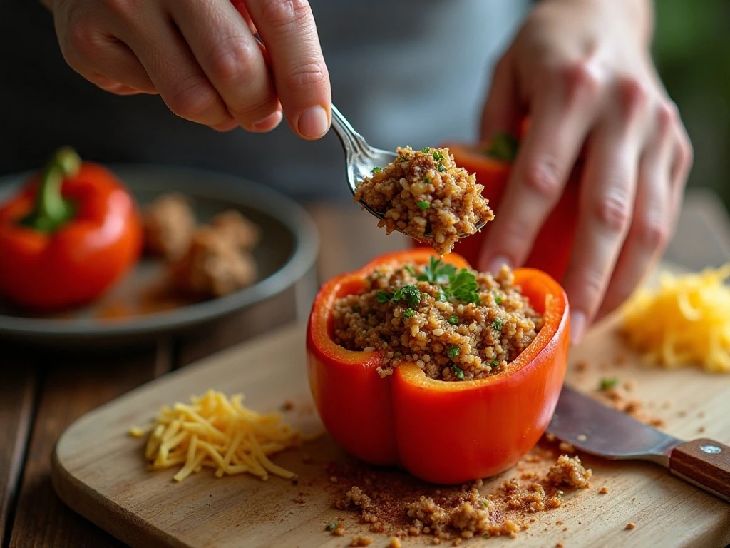 Filling bell peppers with seasoned meat and rice before air frying