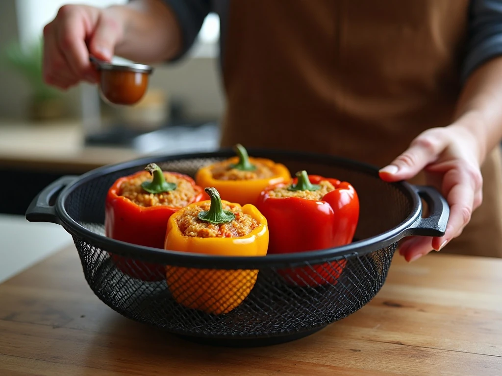 Stuffed peppers arranged upright in an air fryer basket